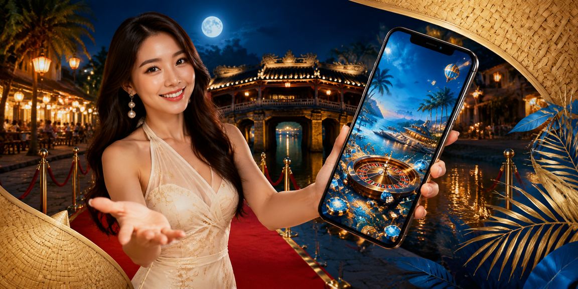 Người dùng truy cập casino mobile trên điện thoại tại Hội An với nón lá truyền thống