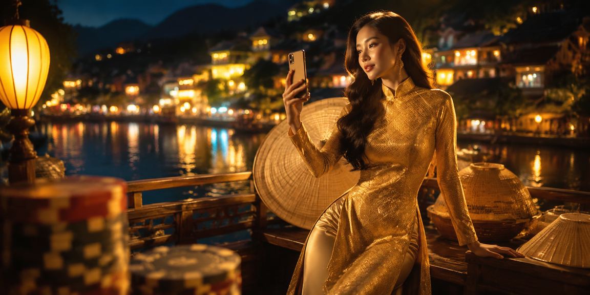 Người dùng trải nghiệm casino di động tại vùng núi Sapa, mặc áo dài